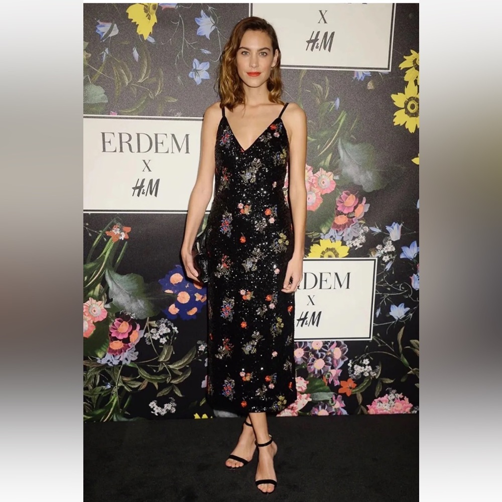 ERDEM Black Floral Sequin Midi Dress